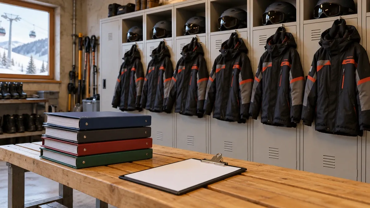 Vestiaire de station avec vestes de travail et casques, classeurs posés sur un banc.